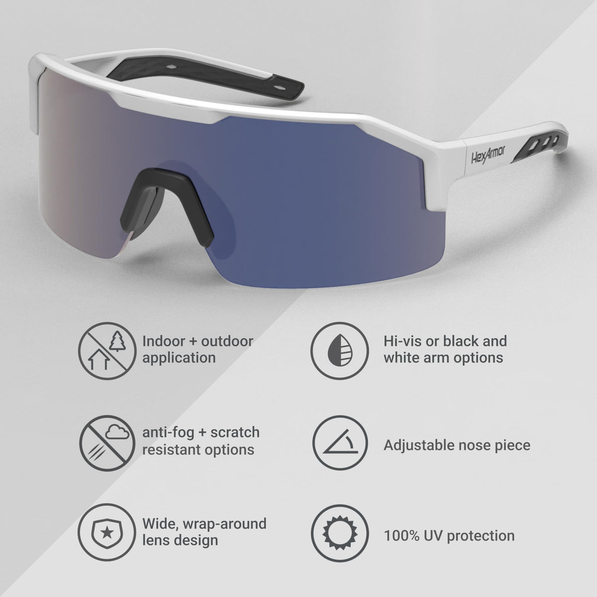 HexArmor Shockwave blue mirror lens close-up, scratch-resistant coating for durability.