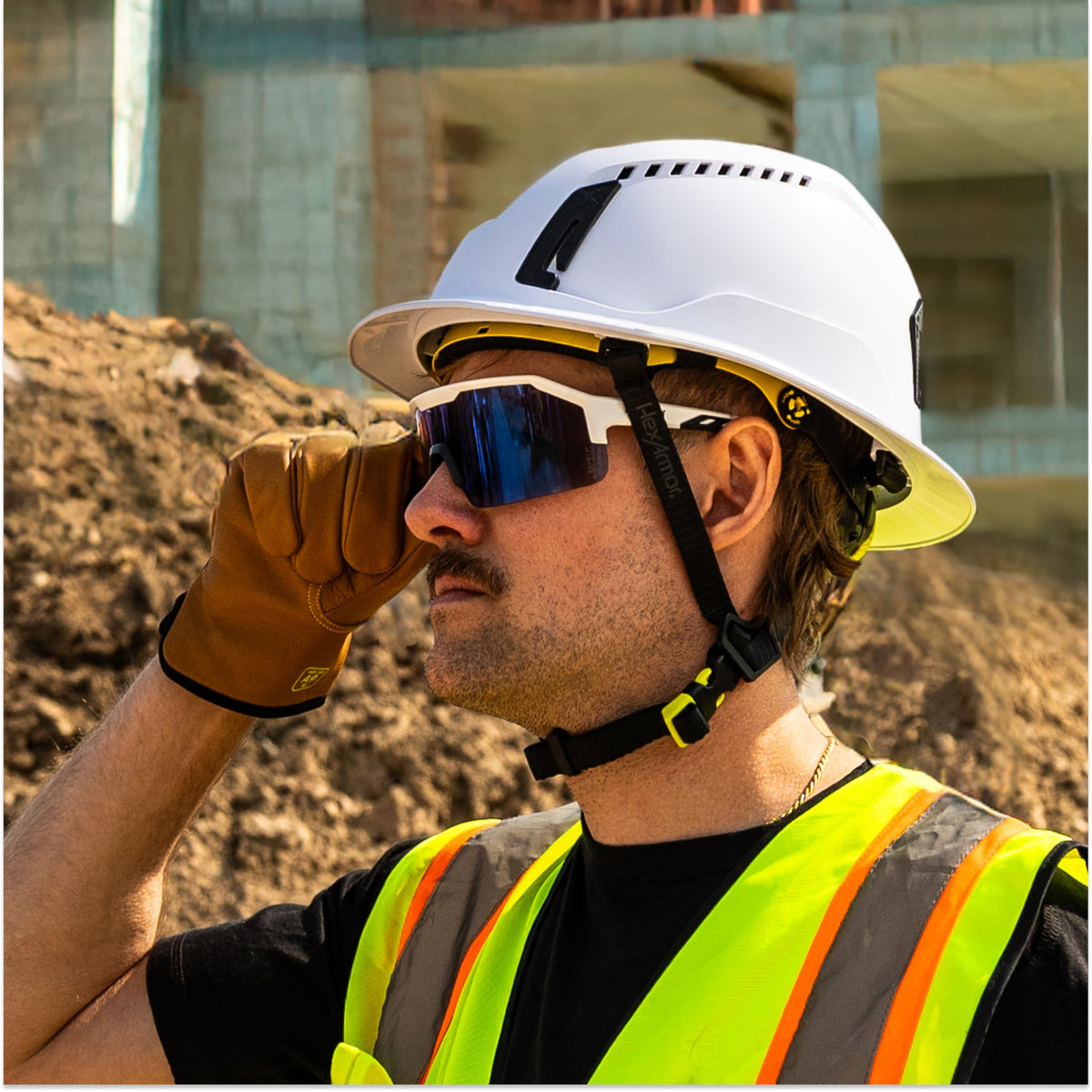 HexArmor Shockwave safety glasses with robust protection for eyes during work.