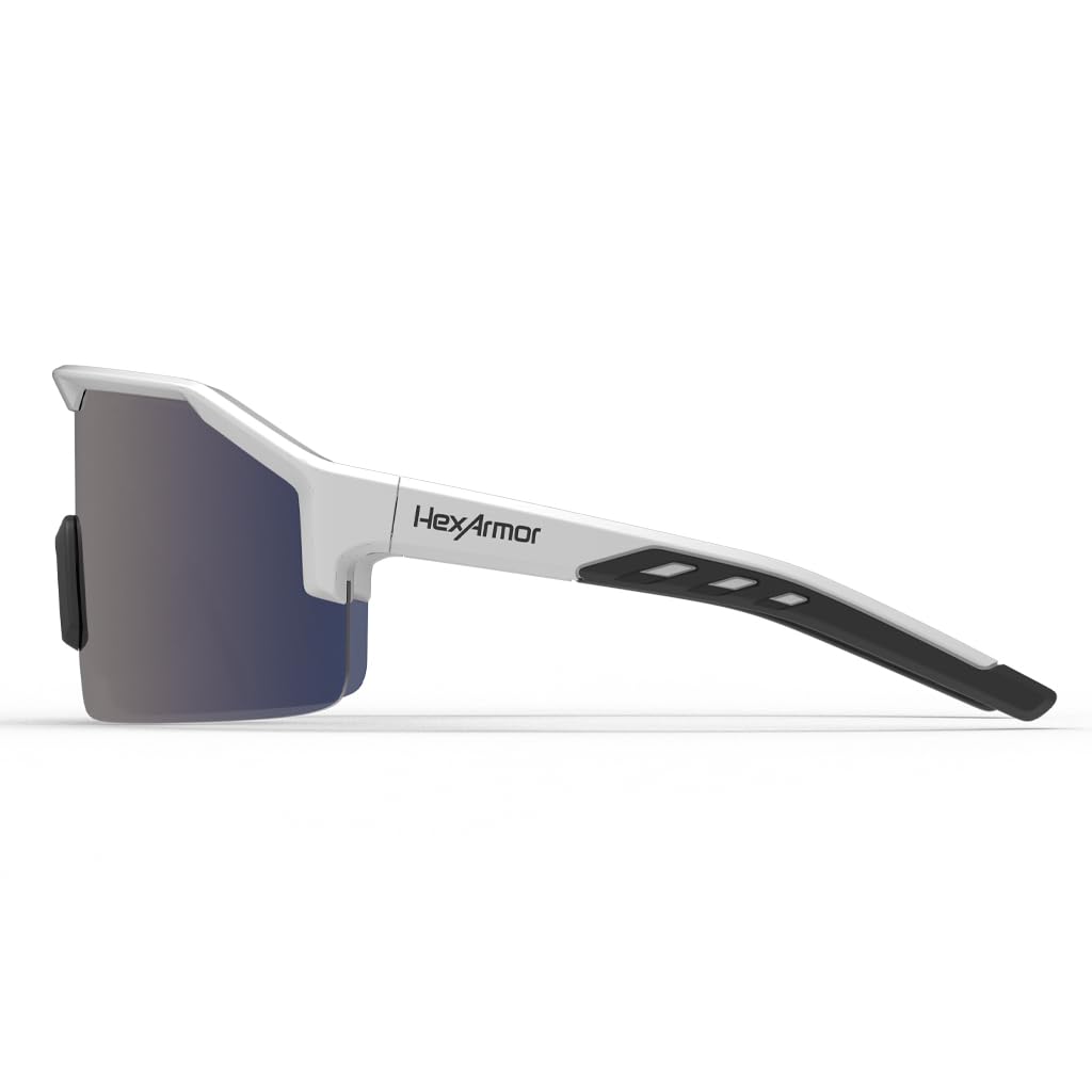 HexArmor Shockwave safety glasses side arm view with high-visibility accents for on-site visibility.