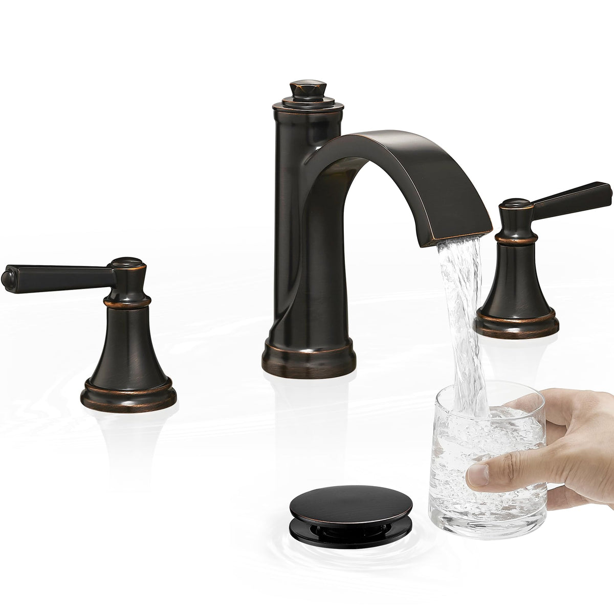 HeymyTap Waterfall spout showcases quiet, steady flow in a calm bathroom