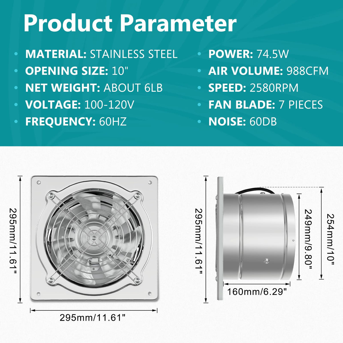 HG Power 10-inch exhaust fan showcasing sturdy metal construction for durable use.