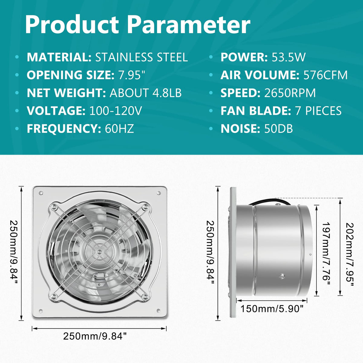 HG Power 8-Inch fan side view highlights durable metal construction