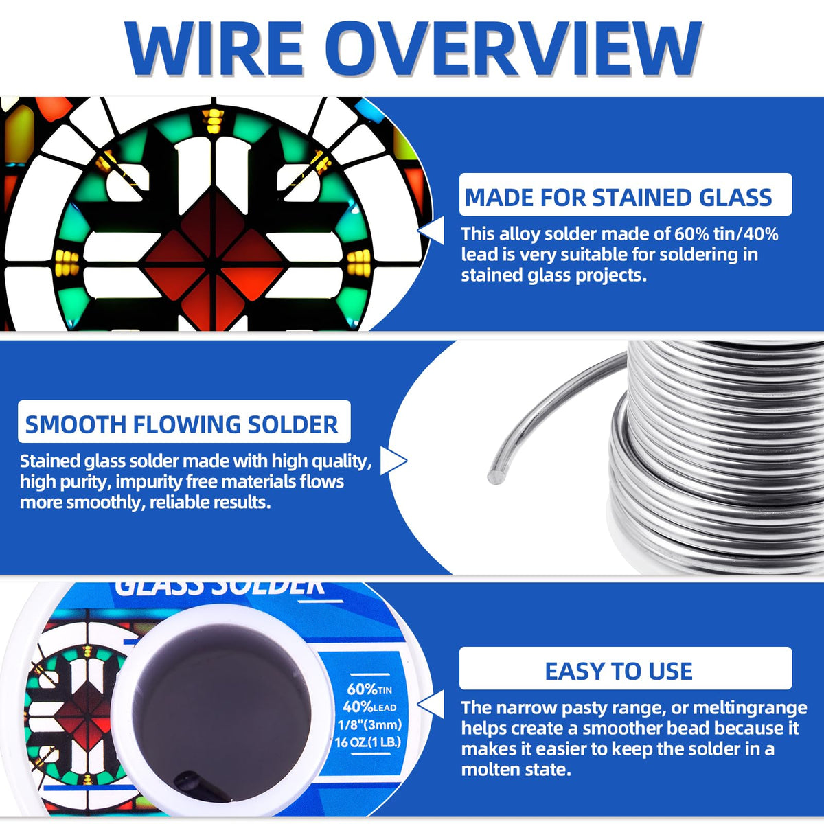 HGMZZQ 60/40 solder wire with no flux core; add flux for improved stained glass results.