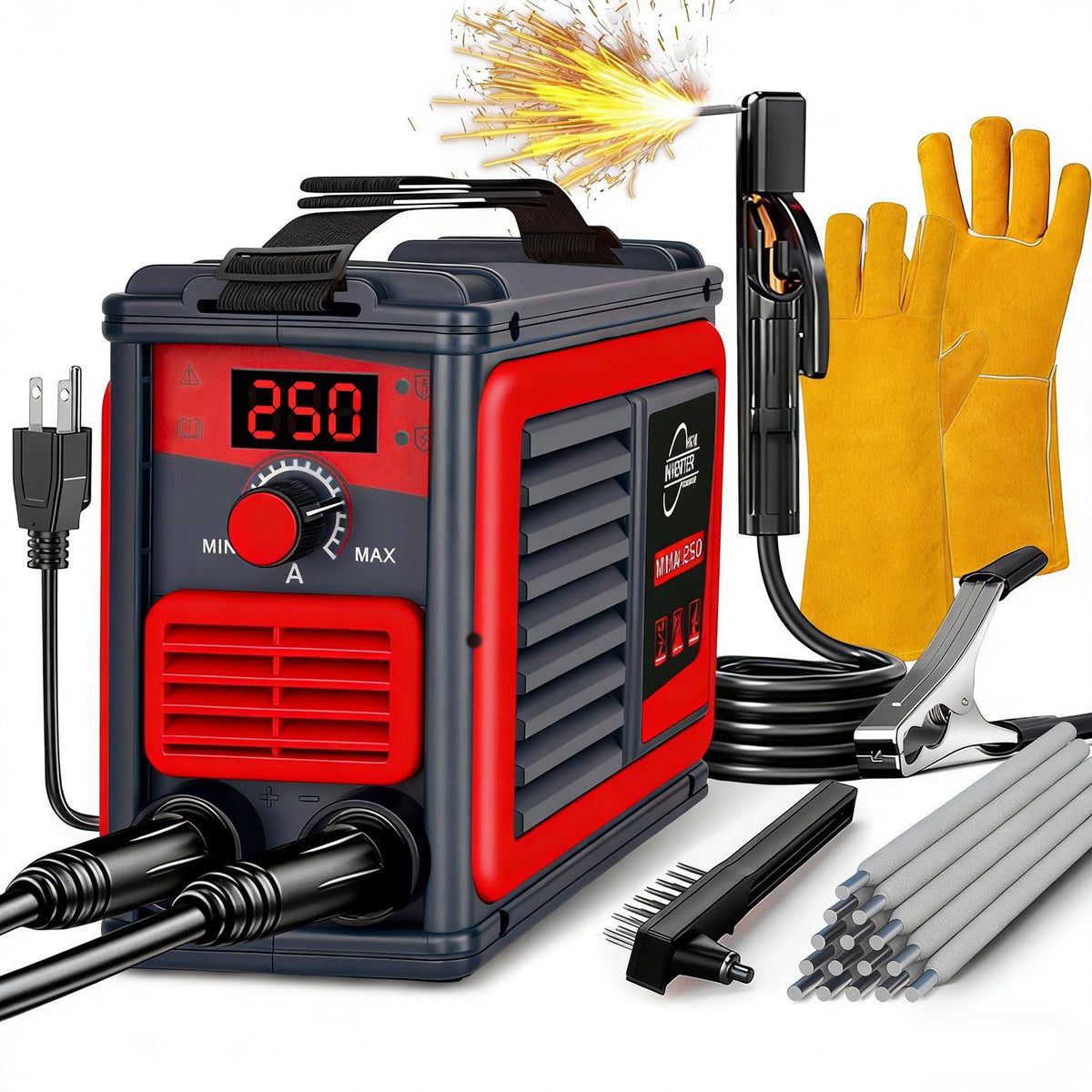 HGNVGZ MMA-250A with LCD display for precise welding settings at home.