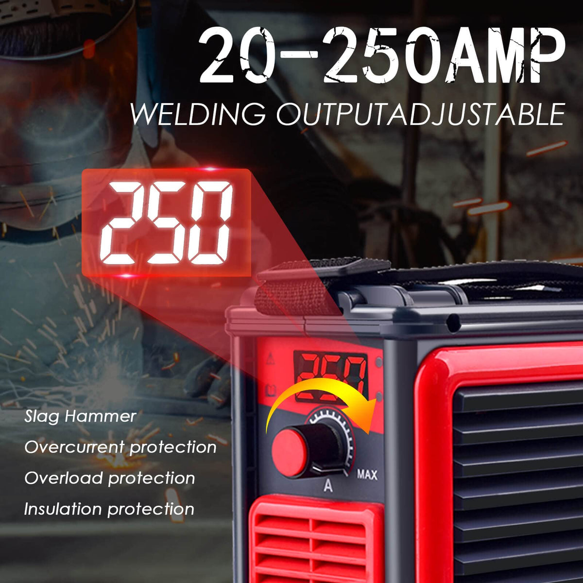 HGNVGZ MMA-250A smart LCD display enables easy current adjustments.