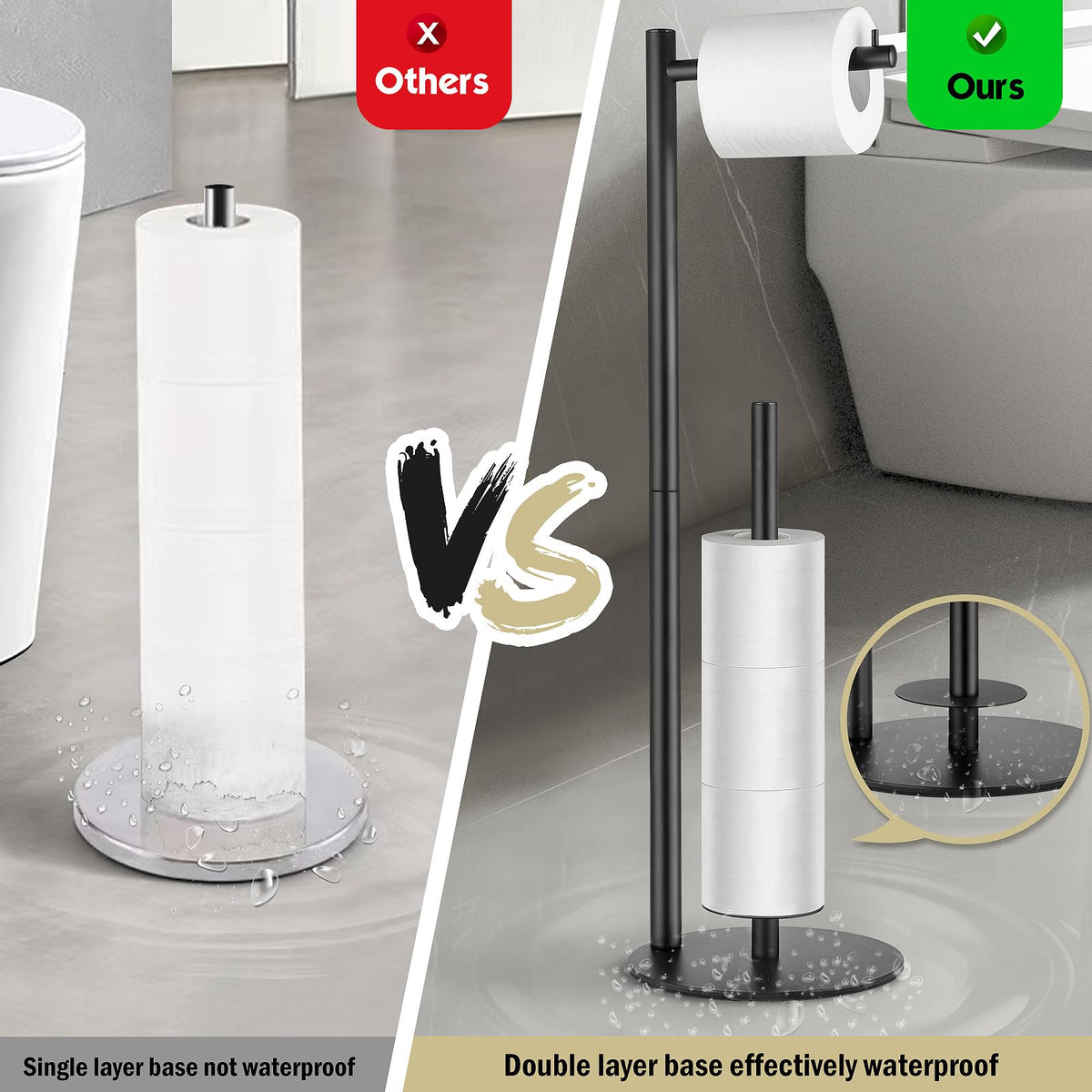 HHAOLUDUO standing toilet paper holder with storage keeps rolls dry and within reach.