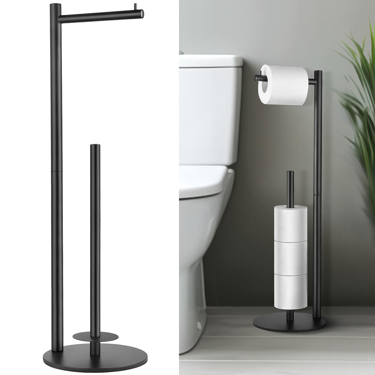 HHAOLUDUO toilet paper stand front view shows accessible, organized rolls.