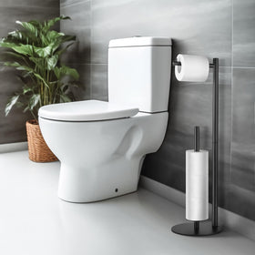 HHAOLUDUO toilet paper stand side storage highlights built-in shelf for extras.
