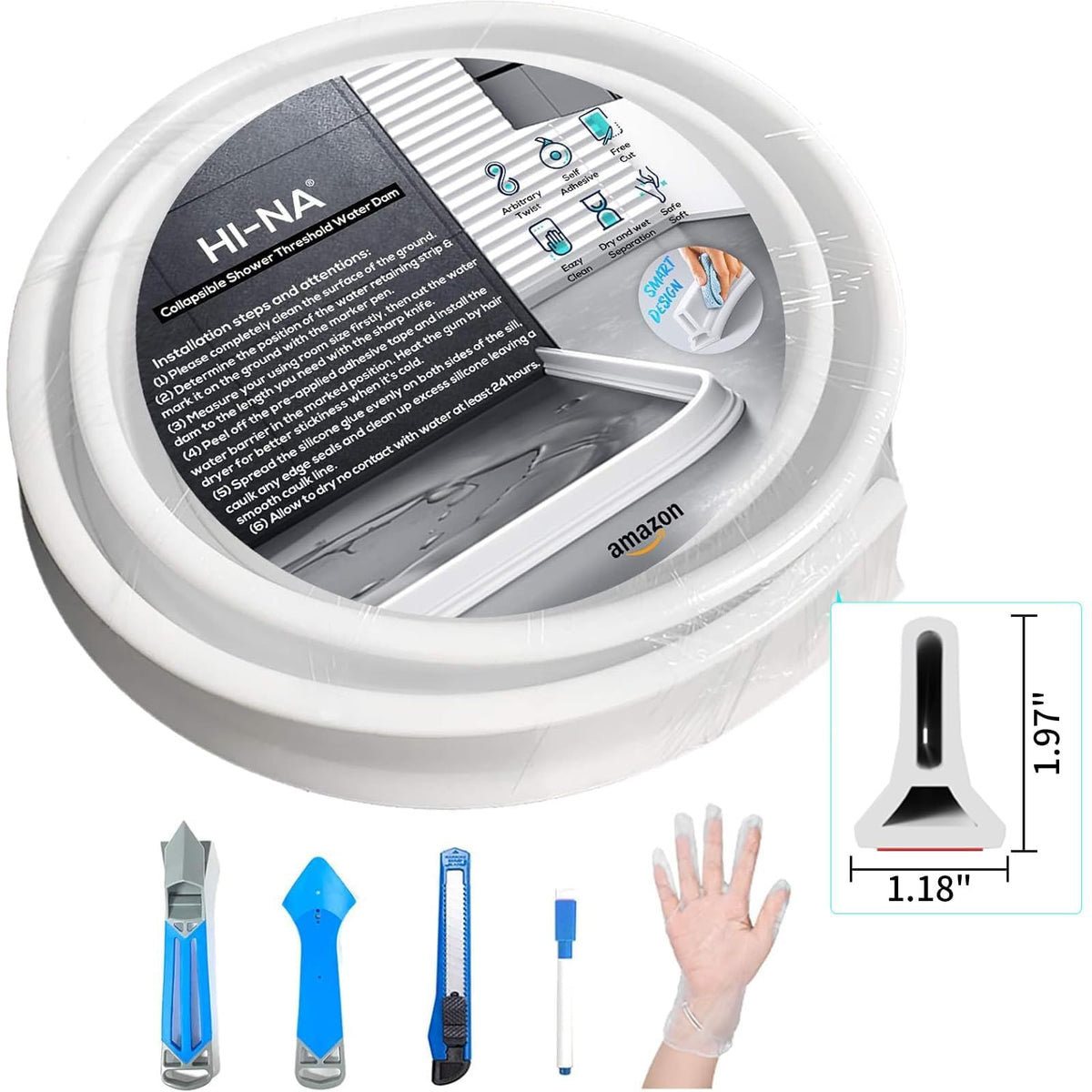 Hi-Na collapsible shower barrier water-stopper ensures curbless showers stay dry