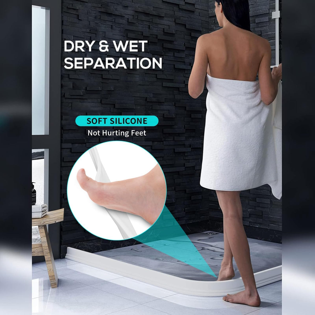 Hi-Na water dam for curbless showers provides dry-wet separation