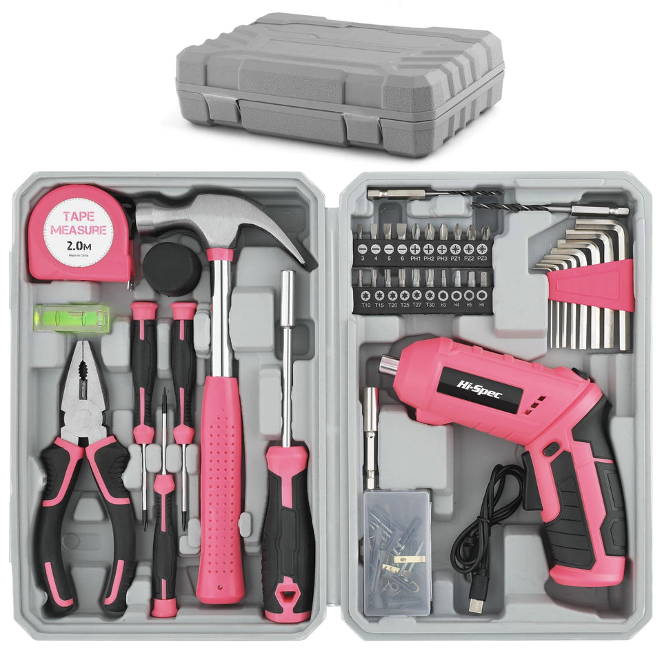 Hi-Spec 42pc pink 4V USB power driver in case, ideal for easy home repairs.