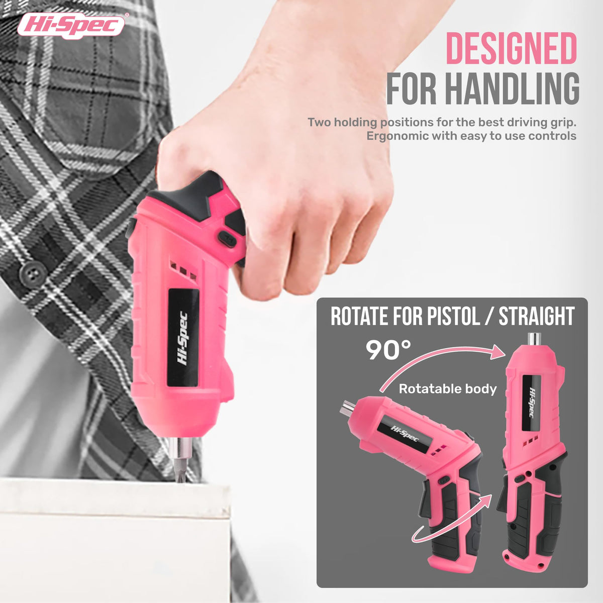 Hi-Spec 42pc pink 4V USB power driver with LED light assists precise screwing.