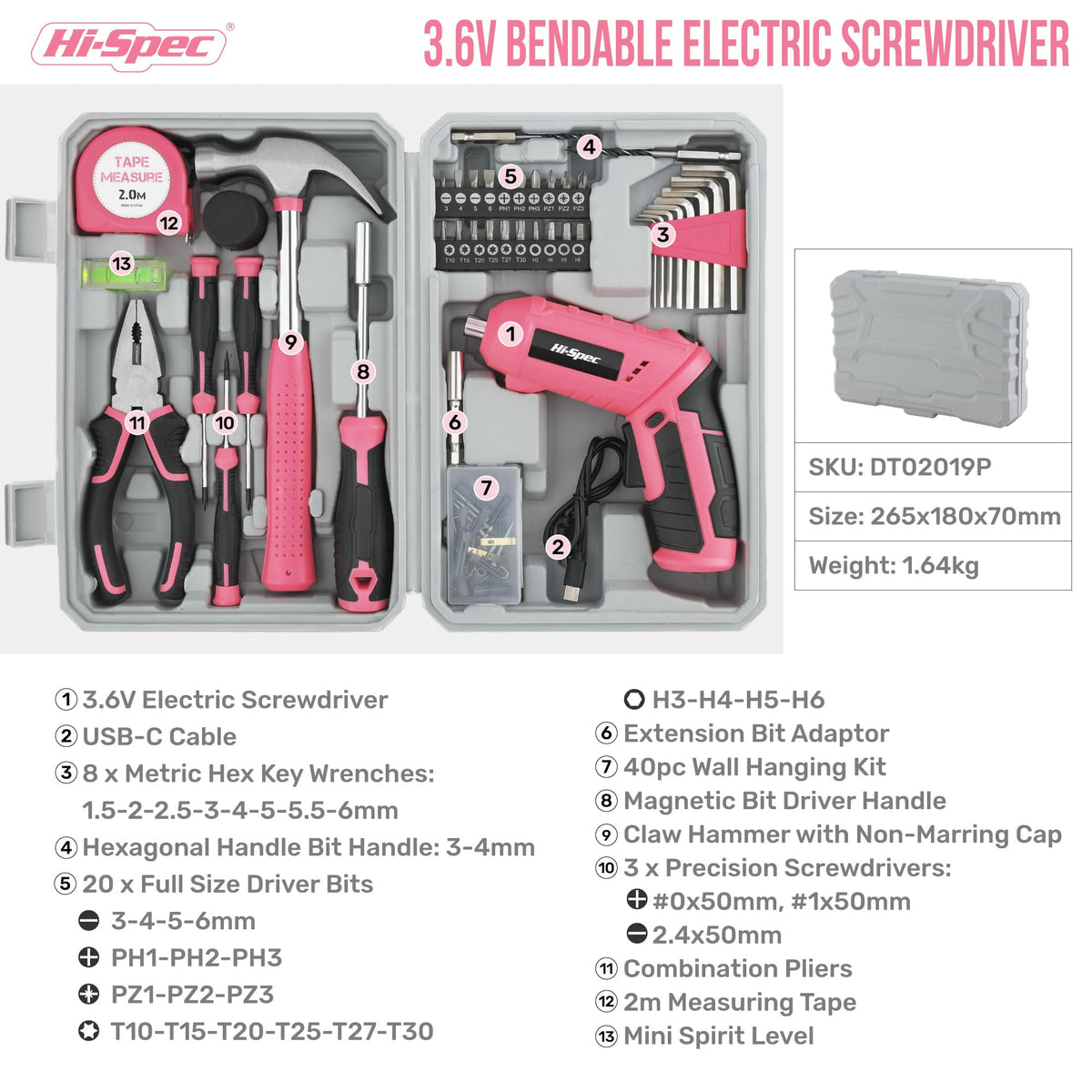 Hi-Spec 42pc pink magnetic bit holder secures fasteners during work.