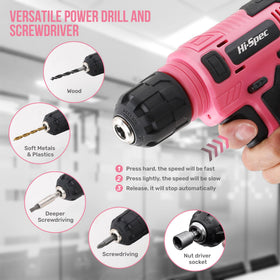Hi-Spec pink drill with 1500mAh battery and LED for precise work.
