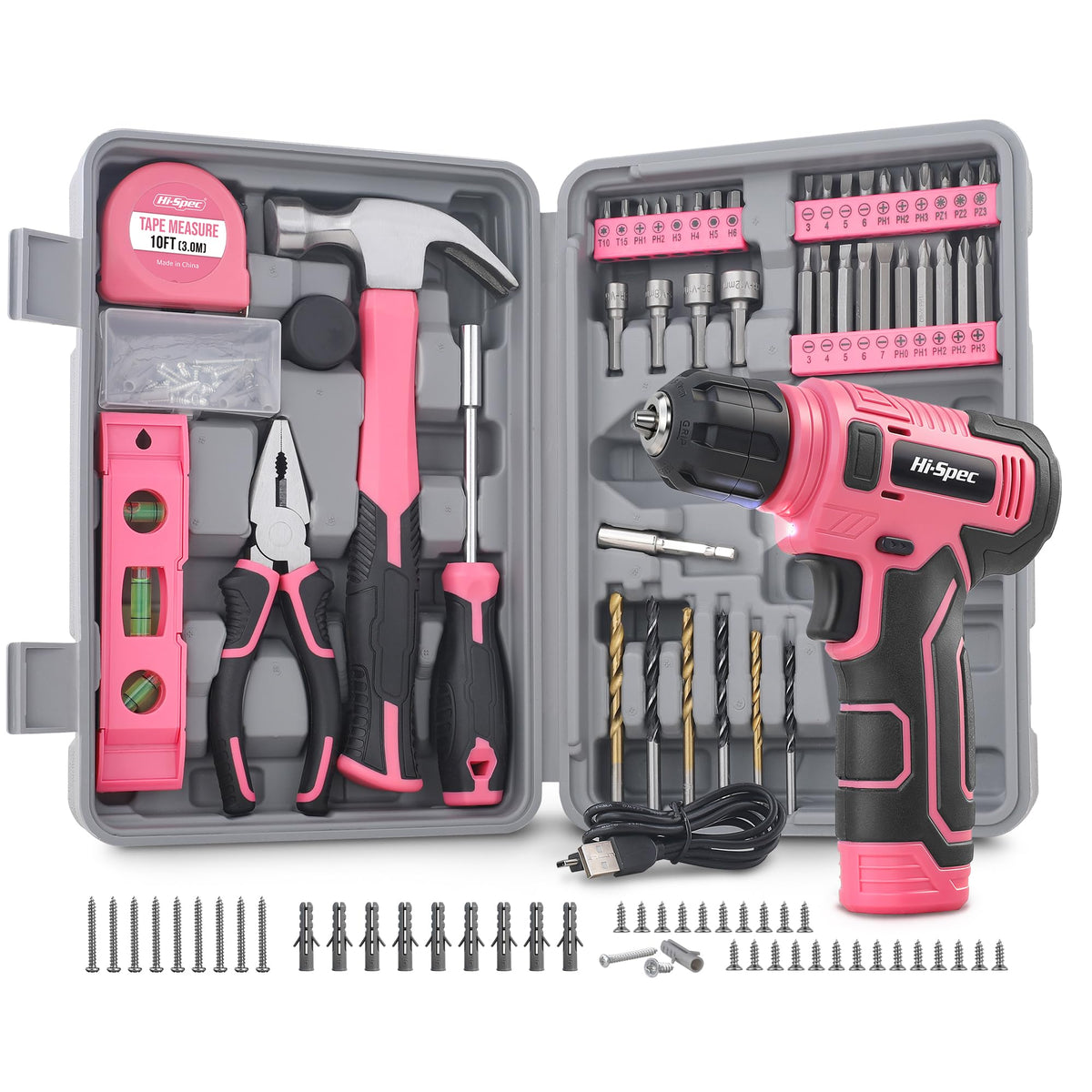 Hi-Spec 8V cordless drill set for women in pink case for easy home projects.