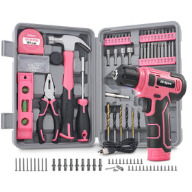 Hi-Spec 8V cordless drill set for women in pink case for easy home projects.