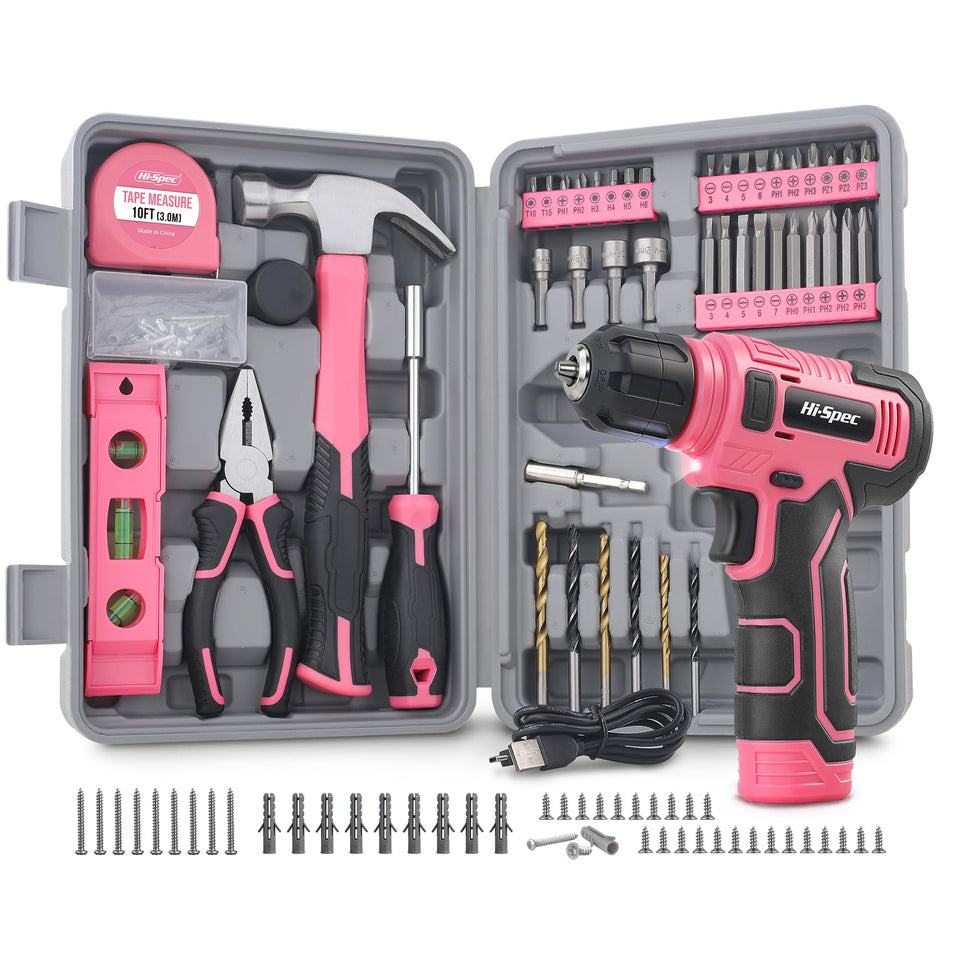 Hi-Spec 8V cordless drill set for women in pink case for easy home projects.