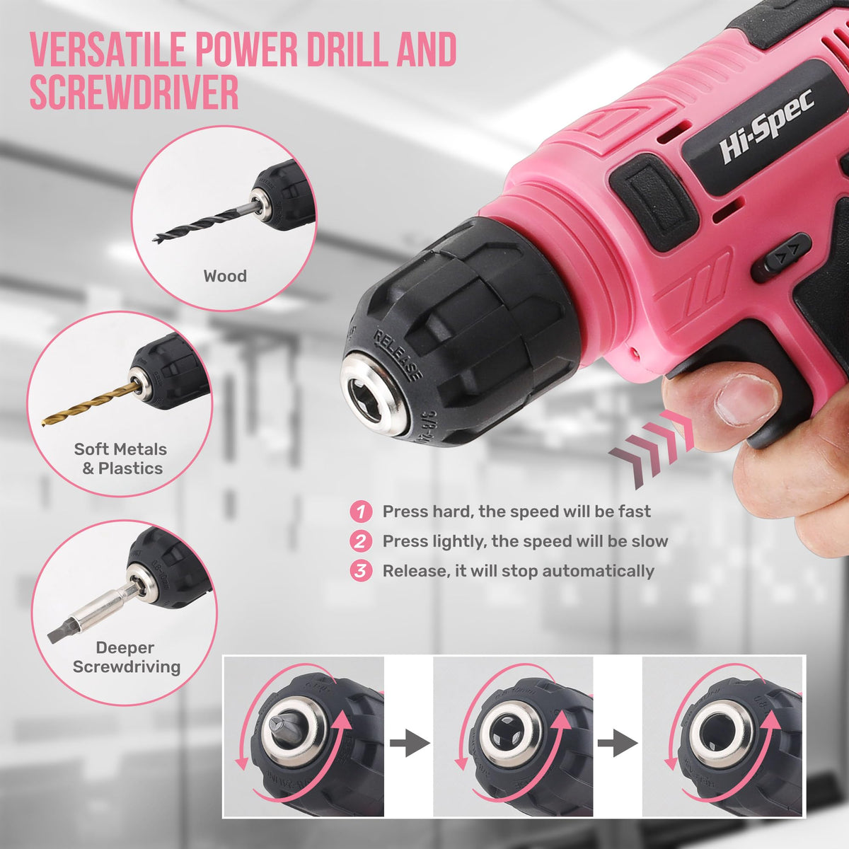 Hi-Spec 8V USB pink power drill driver battery and LED for visibility