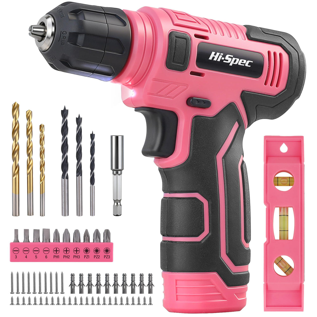 Hi-Spec 8V USB pink power drill driver front view for beginner-friendly use