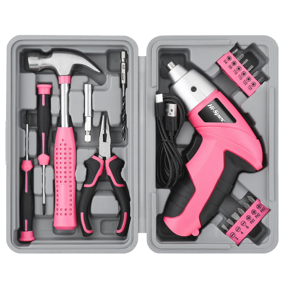 Hi-Spec cordless pink screwdriver in a compact tool kit for quick home repairs.