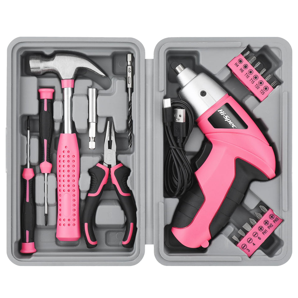 Hi-Spec cordless pink screwdriver in a compact tool kit for quick home repairs.