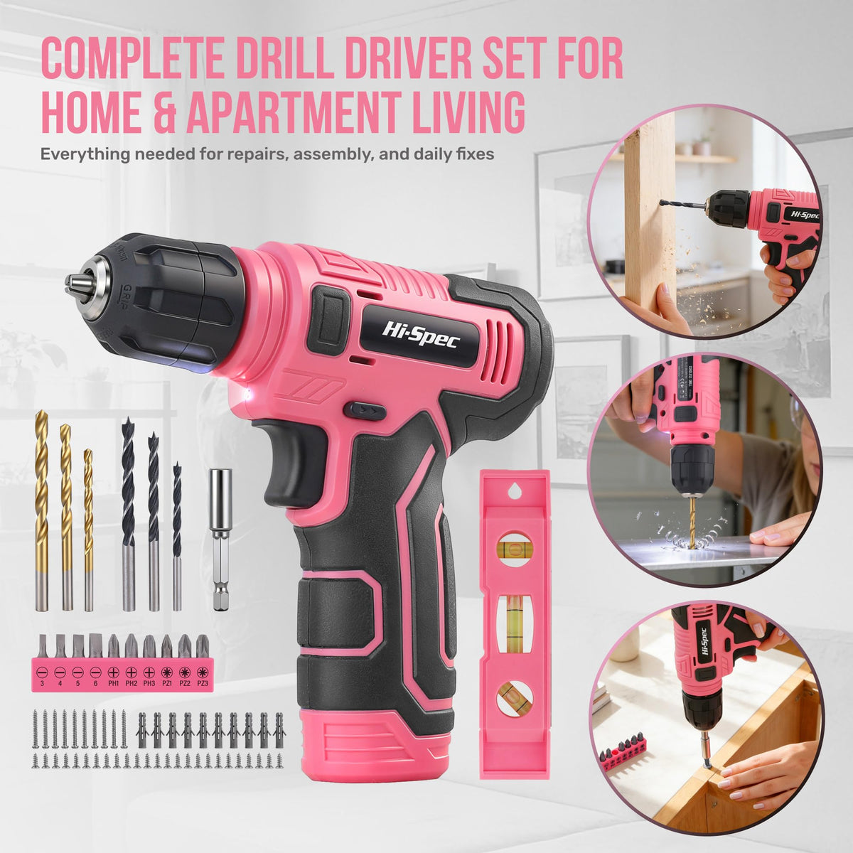 Hi-Spec pink drill in action on wood for light-duty repairs
