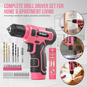 Hi-Spec pink drill in action on wood for light-duty repairs