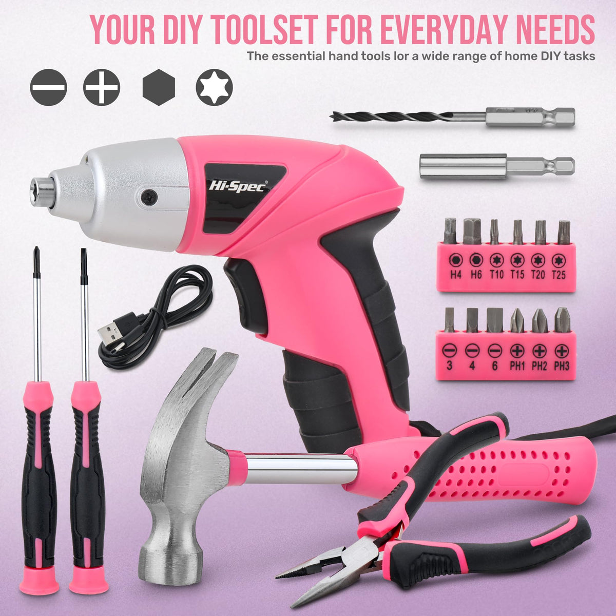 Hi-Spec pink electric screwdriver held in hand for easy control.