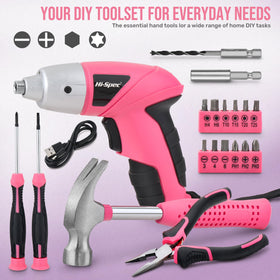 Hi-Spec pink electric screwdriver held in hand for easy control.