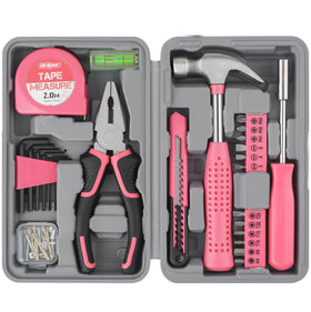Hi-Spec pink tool set case front shows portable starter kit for home repairs
