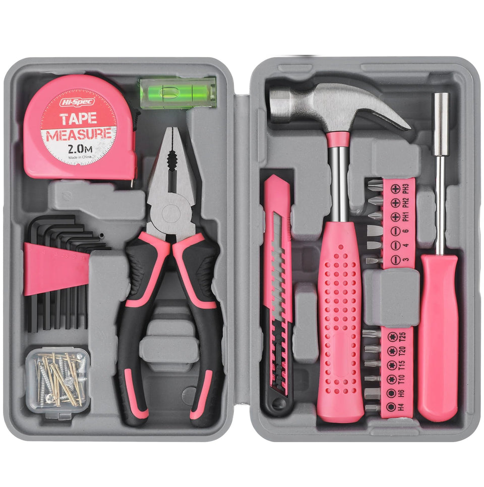 Hi-Spec pink tool set case front shows portable starter kit for home repairs