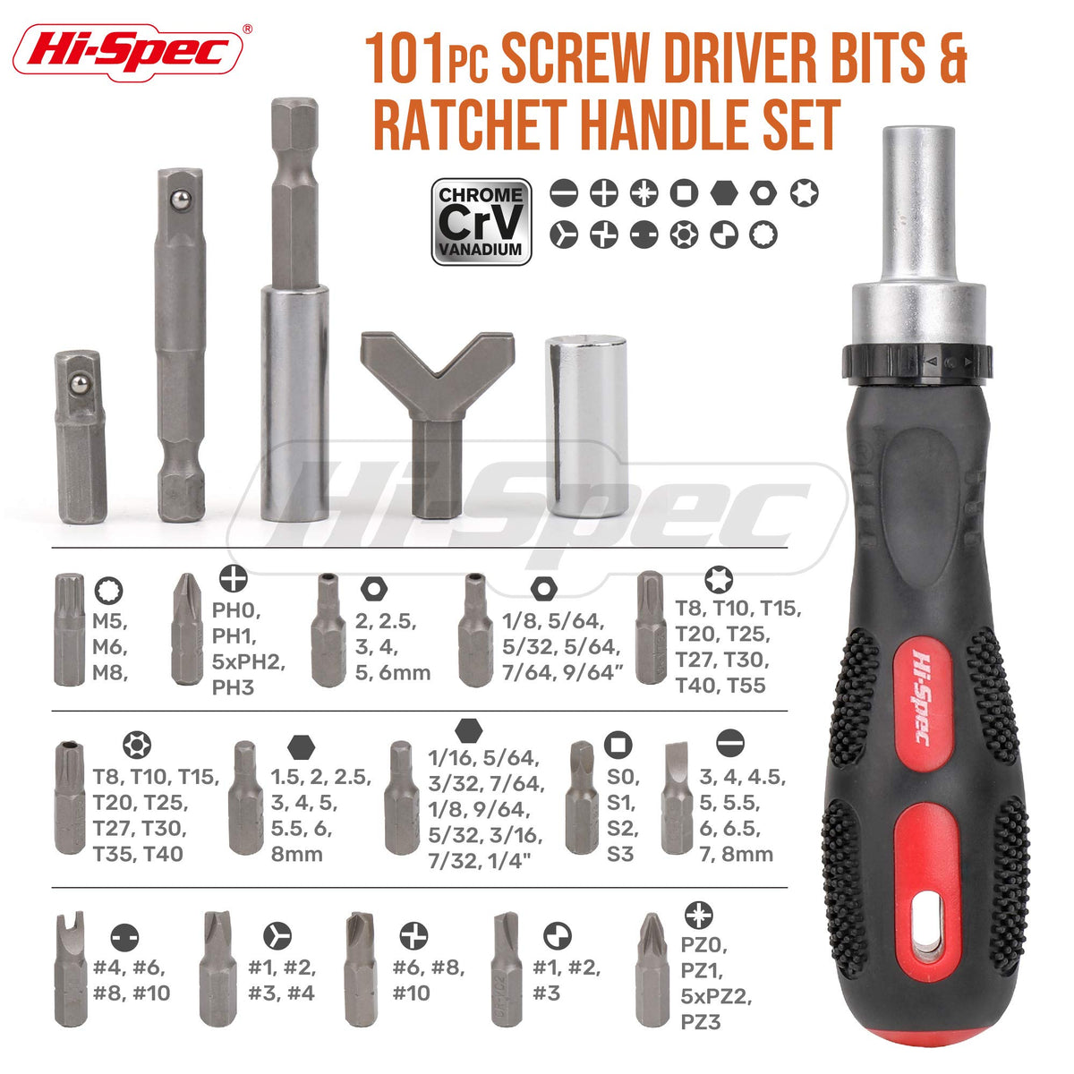 Hi-Spec ratcheting handle with ergonomic grip for comfortable, extended-use turning.