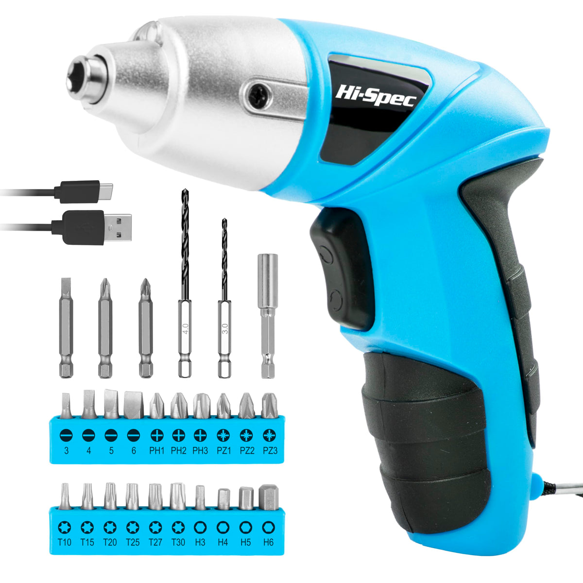 Hi-Spec small electric screwdriver in blue front view, compact and easy to handle.