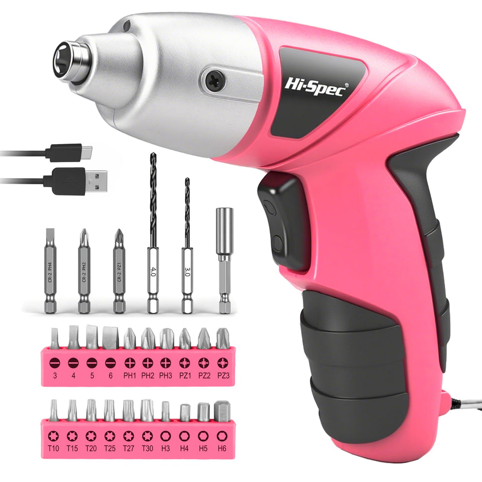 Hi-Spec small electric screwdriver pink front view highlighting cordless convenience for quick home repairs