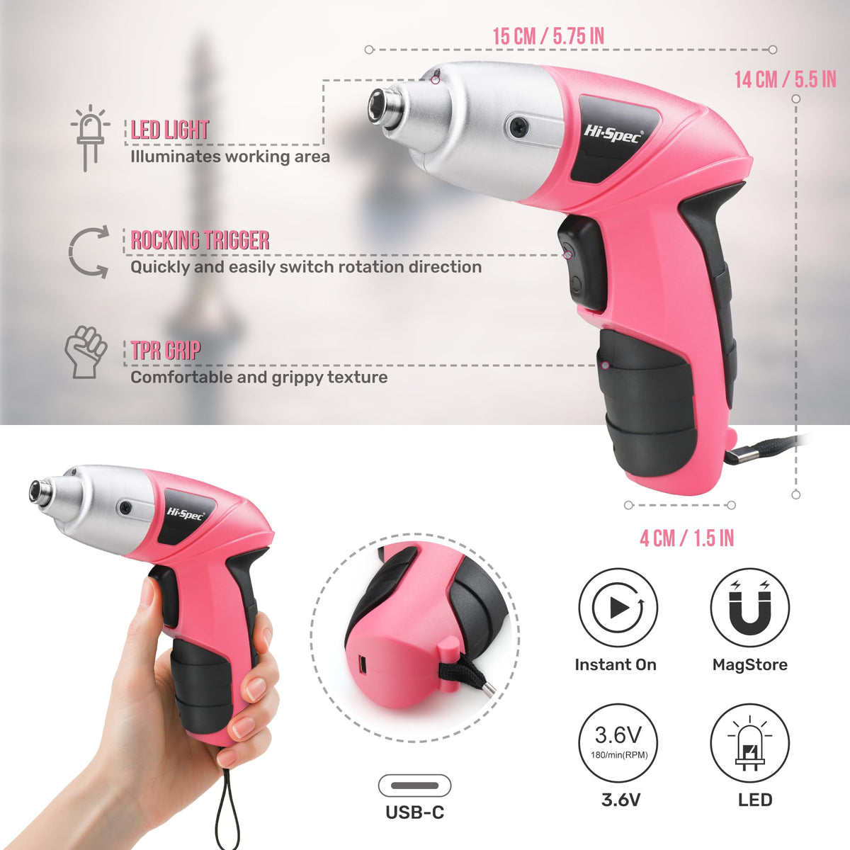 Hi-Spec pink screwdriver charging via USB with battery indicator