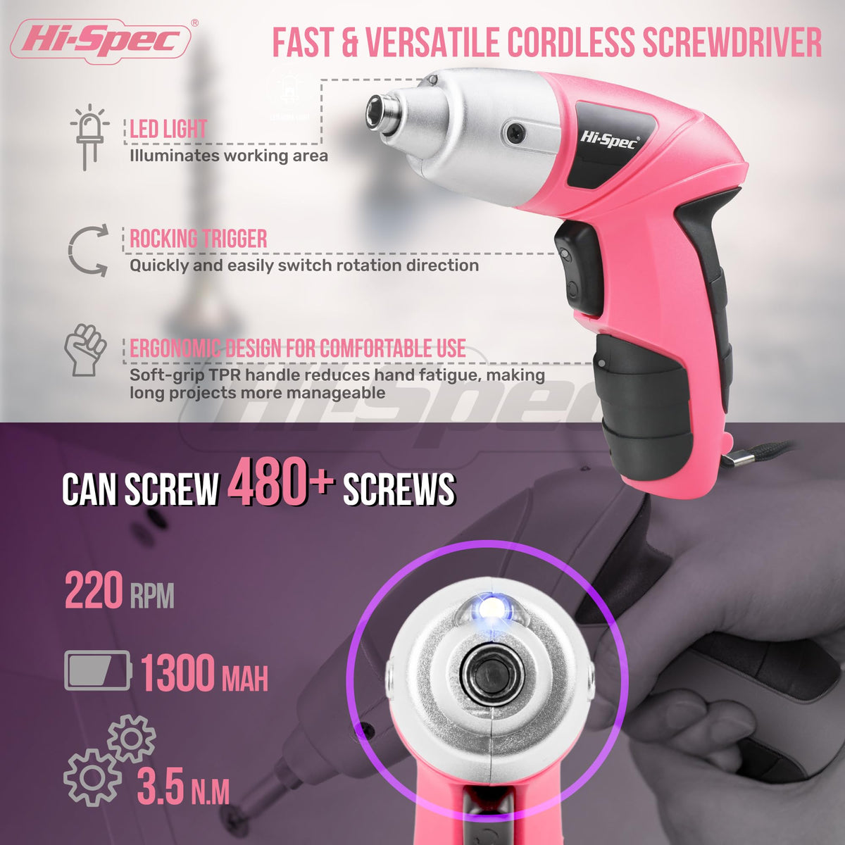 Hi-Spec USB-C rechargeable screwdriver showing 1300mAh battery capability.
