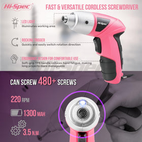 Hi-Spec USB-C rechargeable screwdriver showing 1300mAh battery capability.
