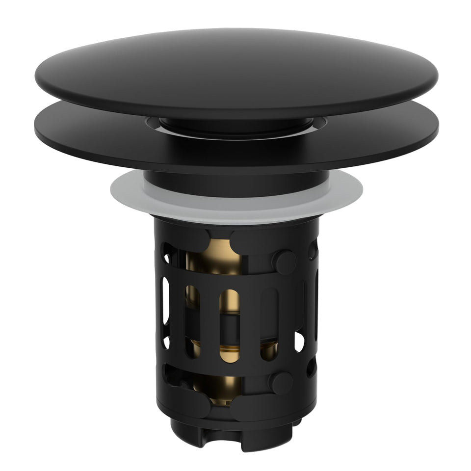 Hibbent upgraded 3 in 1 drain strainer with push cap for easy water control in matte black