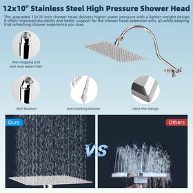 Hibbent 12-inch extension arm raises and angles the rainfall head for comfort.