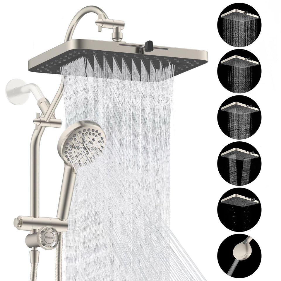 Hibbent 13-inch rainfall showerhead delivers broad coverage for a luxurious rinse.