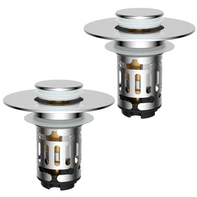 Hibbent 2Pack 3-in-1 drain strainer demonstrating universal fit and clog prevention