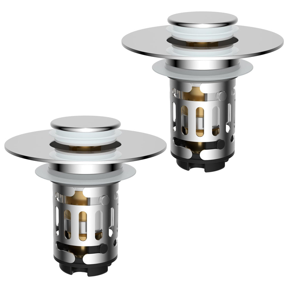Hibbent 2Pack 3-in-1 drain strainer demonstrating universal fit and clog prevention