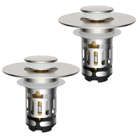 Hibbent 2-pack upgraded 3-in-1 sink drain strainer in brushed nickel for versatile bathroom use.