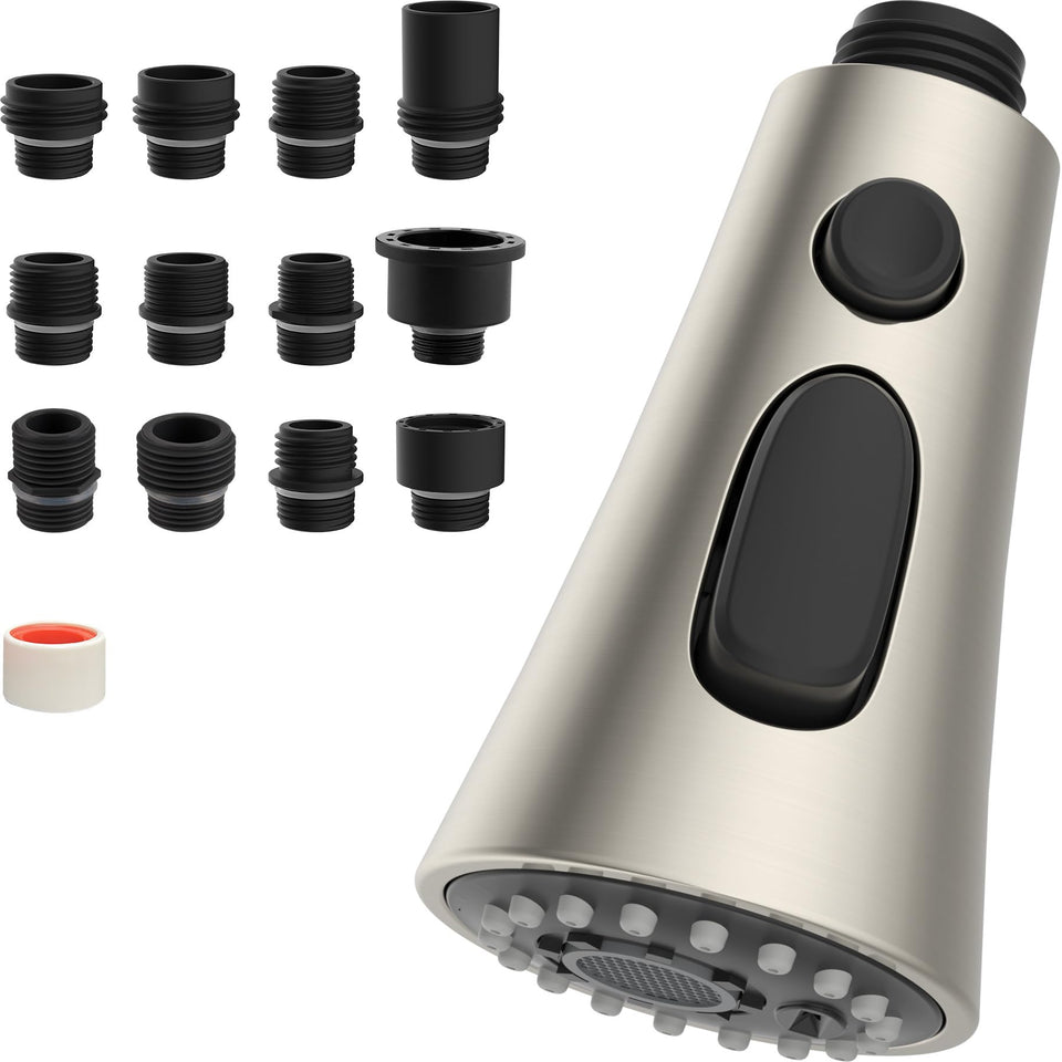 Hibbent 3-function pull-down sprayer head with versatile three modes for flexible cleaning.
