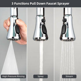 Hibbent 3-function spray head enables stream, spray, and high-pressure rinse for versatile cleaning.