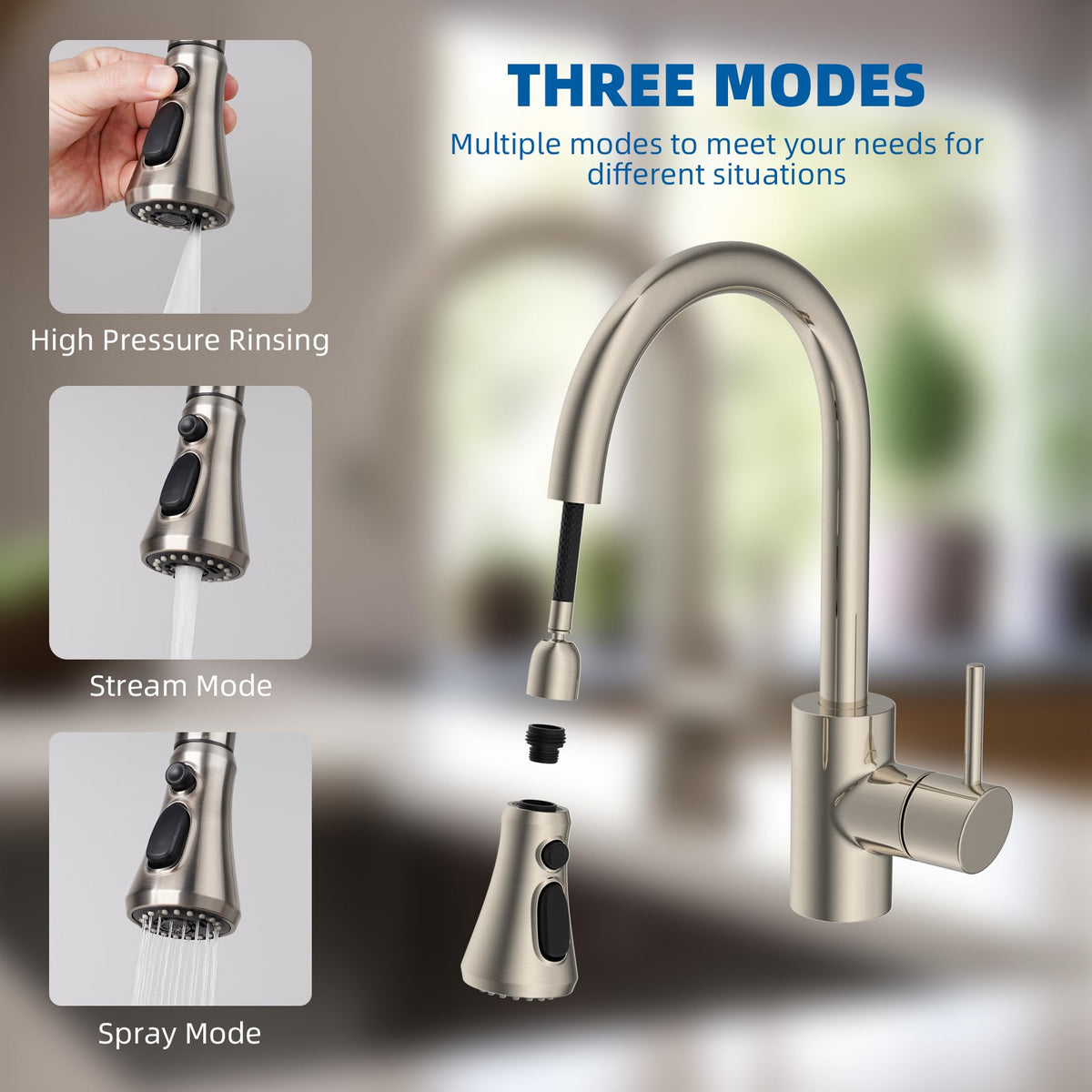 Hibbent 3-function spray mode delivers versatile water flow options.