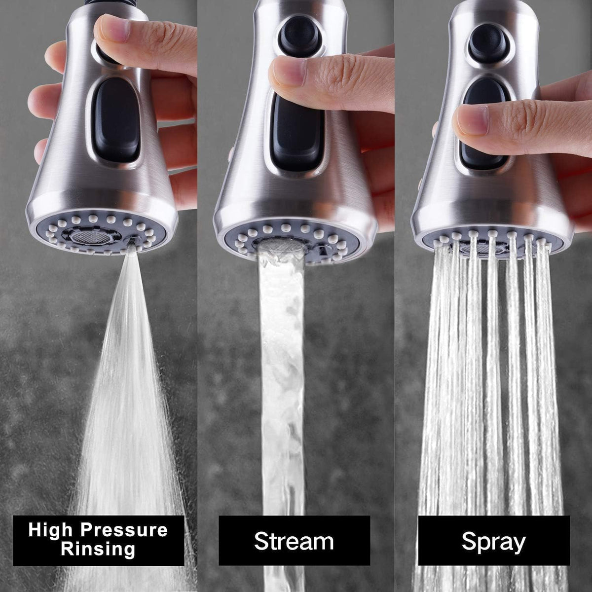 Hibbent three-function spray modes shown for effortless cleaning and rinsing
