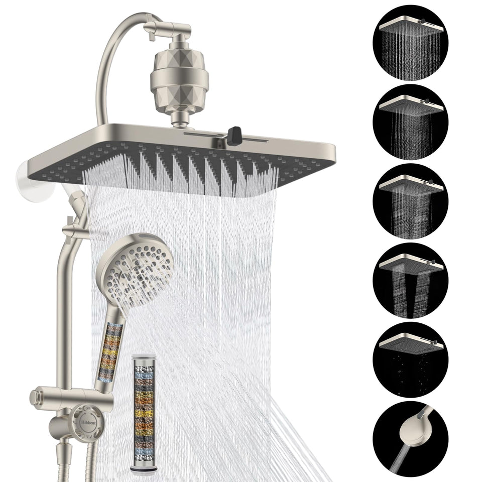 Hibbent 5-spray rainfall showerhead delivers broad coverage for a spa-like shower.