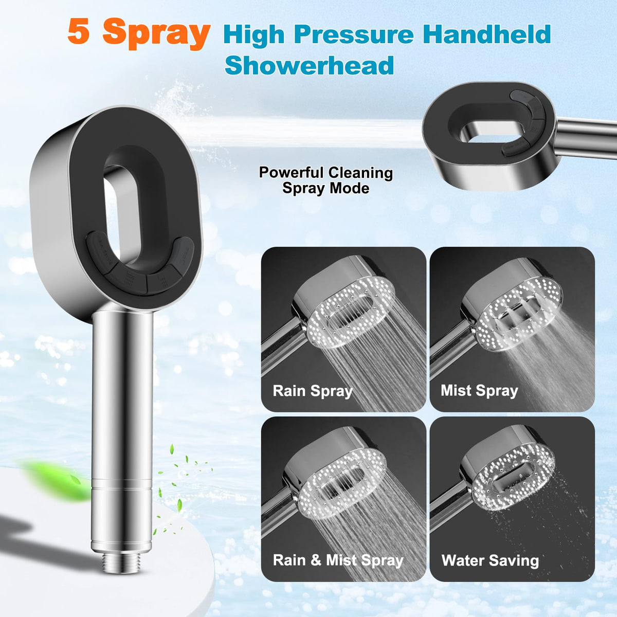 Hibbent 5-spray showerhead shown in action with varied modes