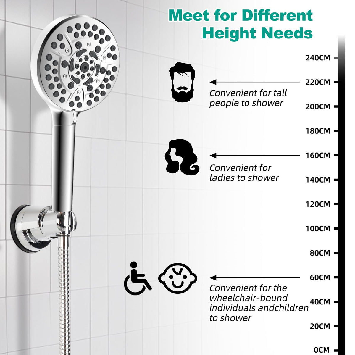 Hibbent adjustable height shower holder compatible with varying user heights